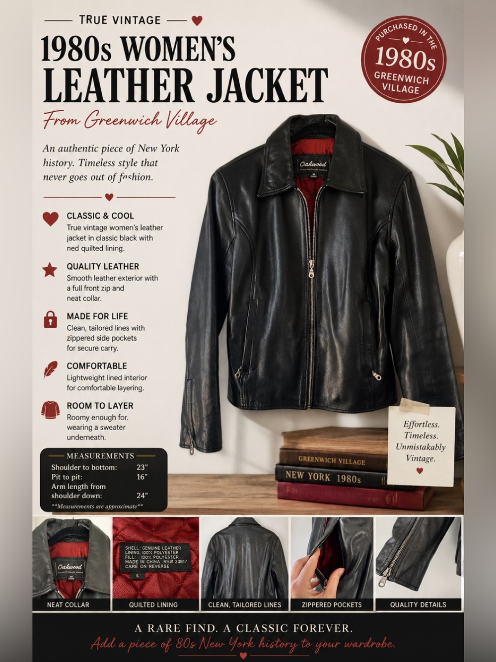 Vintage Black Leather Jacket with Red Lining